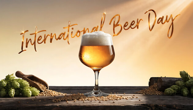 International Beer Day celebration with beer glass, hops, barley, and golden light lager drink