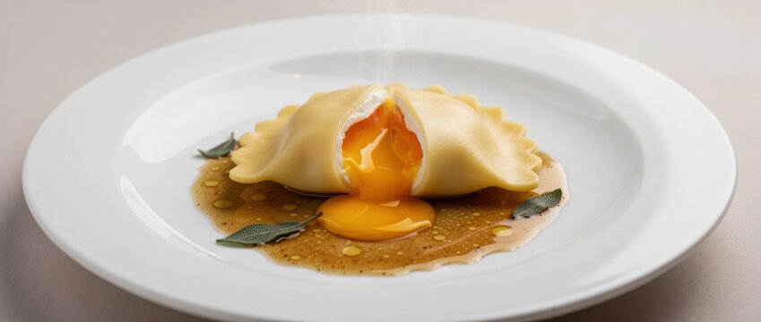 Savory ravioli with a golden egg yolk filling topped with herbs on a white plate, showcasing gourmet Italian cuisine in a chef's kitchen setting