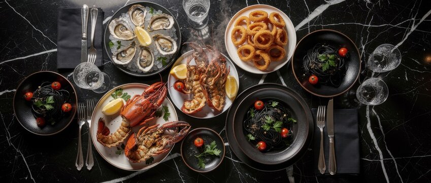 Exquisite Seafood Dining Experience with Lobster, Oysters, and Squid Ink Pasta on Elegant Black Marble Table Setting