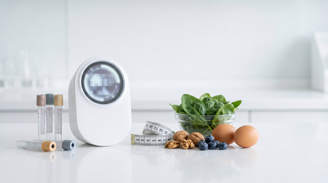 Clinical nutrition still life with metabolic health testing cues