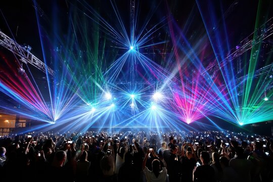 Crowd at concert with colorful laser lights