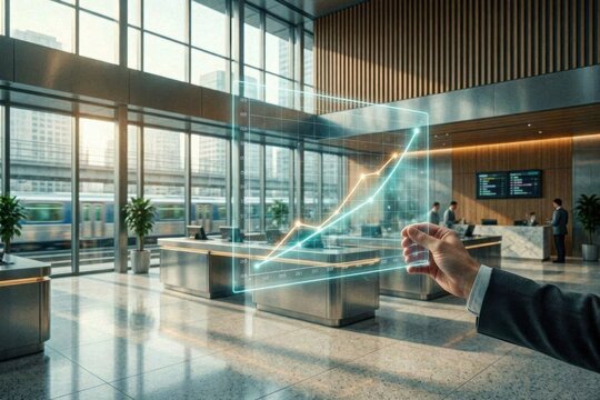 Ultrarealistic image of a hand holding a holographic financial chart in a modern bank, showing exponential growth. Concepts of profit and success.