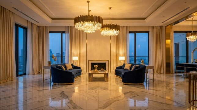 Luxurious modern living room with marble flooring, plush sofas, and chandeliers