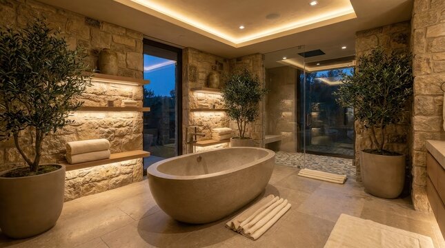 Luxurious spa bathroom interior with freestanding tub, stone walls, and ambient lighting