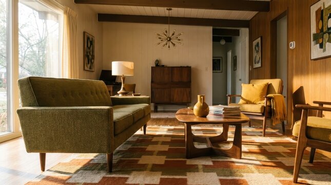 Mid-century modern living room with olive green sofa and yellow accent chairs bathed in sunlight