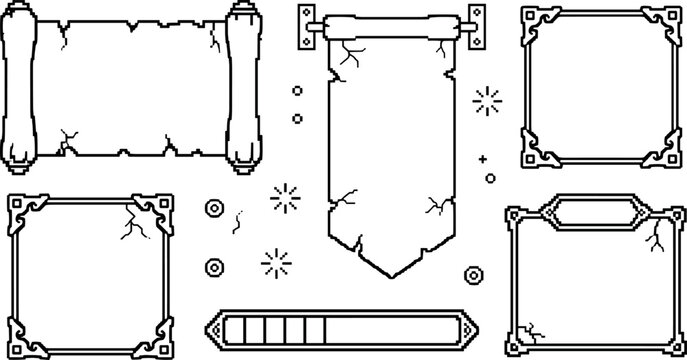 Fantasy game UI frame collection with medieval scroll banners decorative borders progress bar and RPG interface elements outline vector set