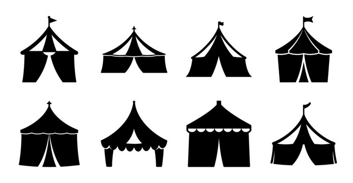Black circus tents and big top icons set - Minimalist black and white vector icons of classic circus tents, big tops, and small tents arranged neatly for stock use.