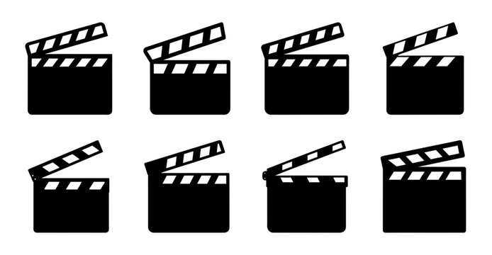 Black film clapperboards arranged in grid pattern - Six black film clapperboards arranged neatly in a grid, ready for movie production use. Clean and modern design for stock media.