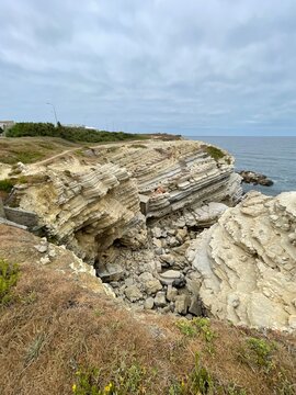 thick cliffs, coastal landscape with rocks at peniche, portugal,  Ponta do Trov&atilde;o or Cabo Carvoeiro. view of the coast of the sea