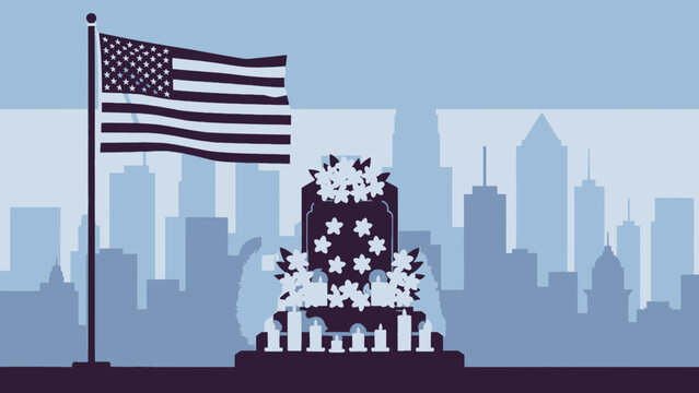 American flag and memorial candles with city skyline backdrop