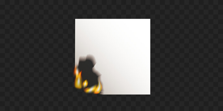 Burning paper corner with orange flames and black ash. Blank page on fire