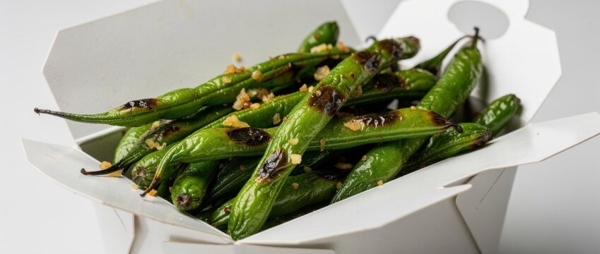Freshly Grilled Shishito Peppers with Garlic and Seasoning in Takeout Container for Asian Cuisine and Food Photography