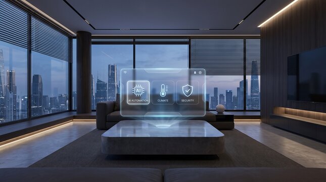 Modern smart home living room featuring a glowing holographic control interface for automated climate and security systems overlooking a city skyline