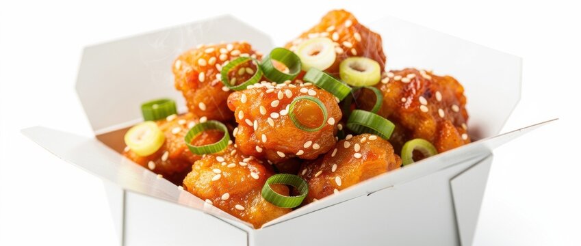 Crispy golden fried chicken bites in takeout box with sesame seeds and green onions on white background for food photography or restaurant menu usage