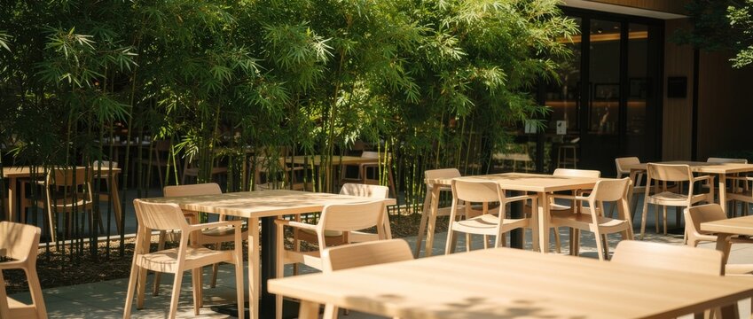 Peaceful outdoor cafe area with wooden furniture surrounded by lush green bamboo plants in a bright and inviting atmosphere for relaxation and dining.