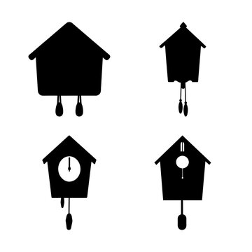 Four black cuckoo clock silhouettes with pendulums - Minimalist black silhouette vector icons of cuckoo clocks, each with a pendulum, arranged in a grid pattern.