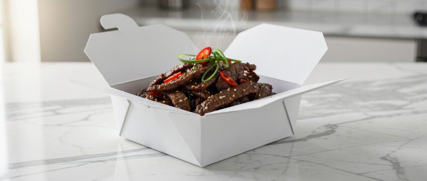 Delicious and Flavorful Stir-Fried Beef in White Takeout Box with Fresh Vegetables and Steam Rising on Marble Countertop