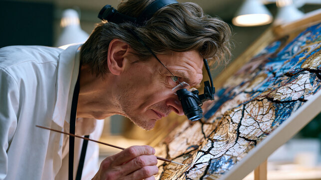 A conservator in a white laboratory coat leans over a medieval altarpiece panel mounted on a tilted workbench, fine brush in hand, magnifying headset lowered over one eye, restoring centuries of cra