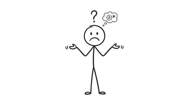 A stick figure character looking confused with a question mark and a thought bubble.