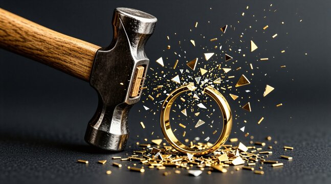 Hammer smashes gold ring causing it to shatter into pieces. Symbol of ending relationships, divorce, or breaking commitments. Studio photo. Dramatic destruction.