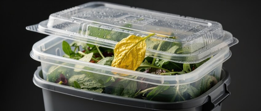 Fresh mixed salad with vibrant greens and a yellow leaf in a transparent takeout container against a dark background with droplets of water