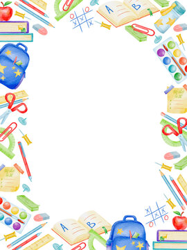 Watercolor school supplies border frame with copy space on transparent background. Hand painted education illustration for back to school posters, flyers, worksheets, invitations, cards and stationery