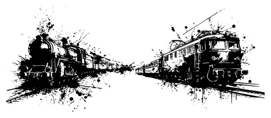 Comparison of vintage steam locomotive and modern electric train with grunge ink splatters © Luka