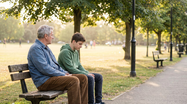 Intergenerational Park Bench Scene With Quiet Distance And Civic Context