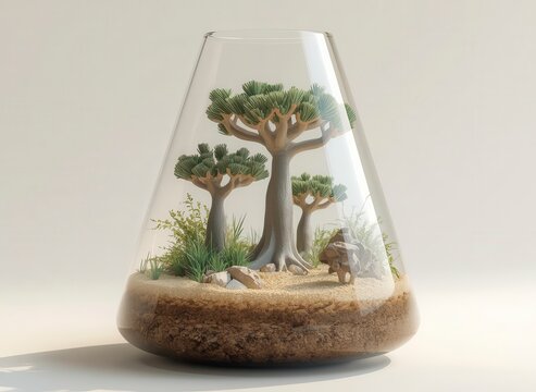 Miniature Australian bottle tree diorama inside a cone glass vase with tiny baobab trees and desert sand terrarium