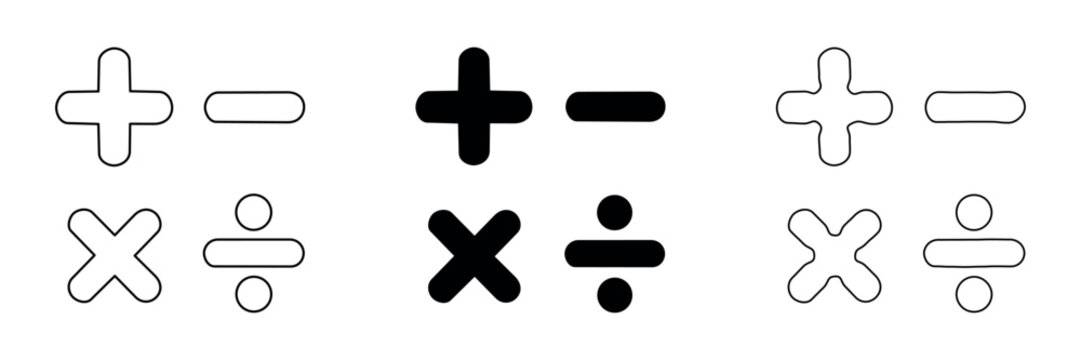 Basic arithmetic operation symbols plus minus multiply divide in outline and solid styles
