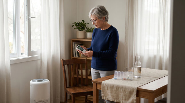 Senior Home Air Monitoring Routine With Purifier Near Dining Window