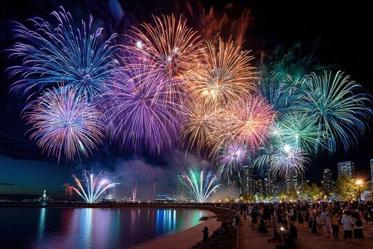 Dazzling Fireworks Light Up Night Sky Over City Waterfront