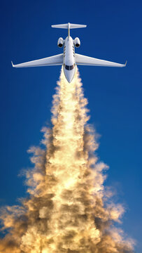 A jet launching into the sky with a fiery exhaust trail.