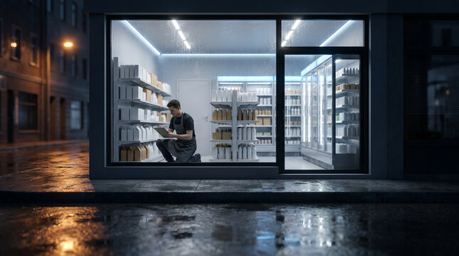 Rainy Night Convenience Store Inventory Check Through Front Glass