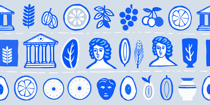 Greek Key Pattern With Fruits Columns And Portraits Blue Vector Illustration