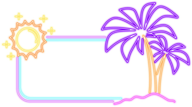 Neon Glow Tropical Beach Scene With Sun and Palm Trees  Frame Border Banner