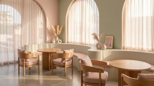 Modern korean-style cafe interior with soft pastel colors and natural light streaming through sheer
