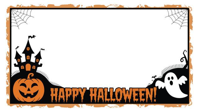 Festive Halloween frame featuring a spooky haunted house, pumpkin, and ghost for invitations