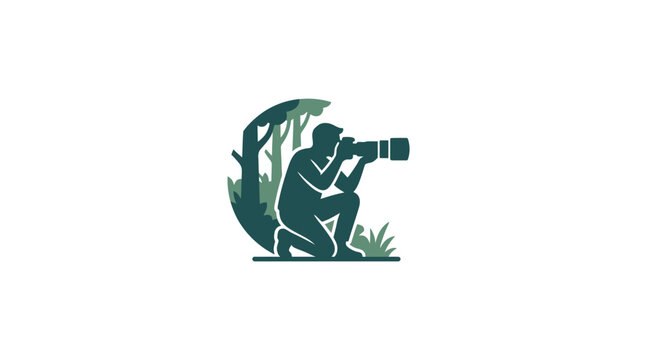 Minimalist silhouette logo of a photographer capturing wildlife in a forest setting.