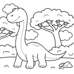Cute Brachiosaurus dinosaur coloring page with bold outlines in a prehistoric forest, perfect for children's coloring books. © Umm Hamzah