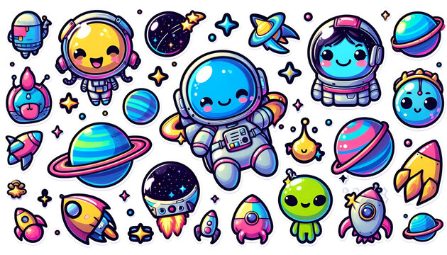 Cute cosmic space vector sticker sheet featuring cartoon astronaut planets rocket ships and funny little aliens illustration collection isolated on white background 2d design