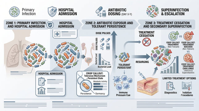 Hospital Superinfection Pathway From Antibiotic Tolerance Illustration
