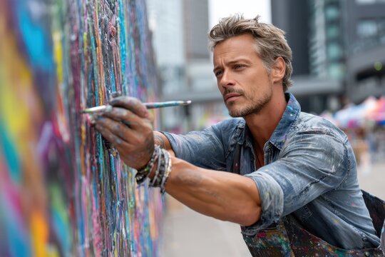Creative artist painting vibrant mural in urban setting under bright daylight