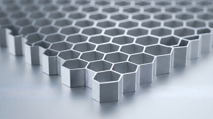 Fototapeta premium Close up macro view of a metallic hexagonal honeycomb structure pattern with geometric silver cells honeycomb geometric structure industrial abstract material