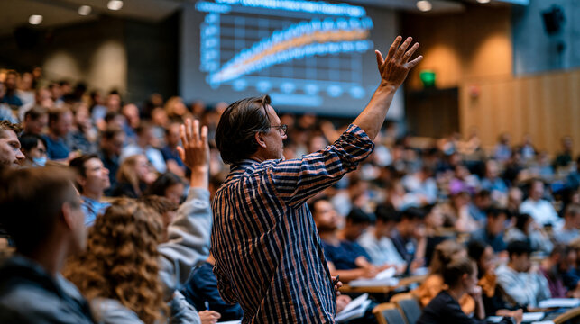 Ethicist gives keynote address in packed university auditorium on AI existential risk debate, projected slide visible behind showing diverging probability scenarios, audience of academics and studen