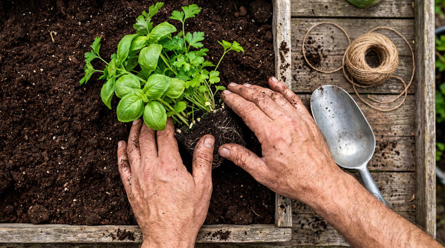 Top View Soil Stained Hands Transplanting Herb Seedlings On Potting Bench
