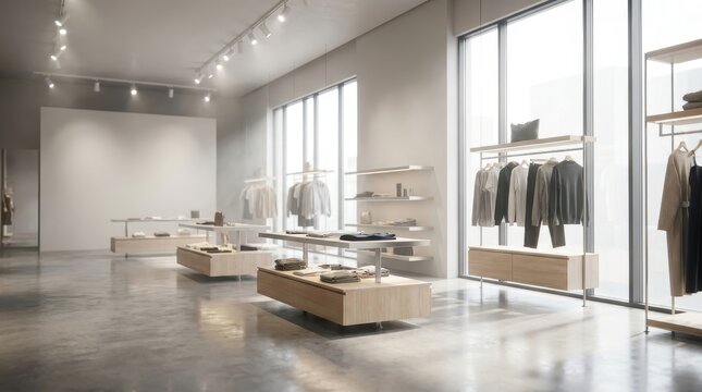 Modern retail store interior with minimalist displays and clothing racks, bright lighting
