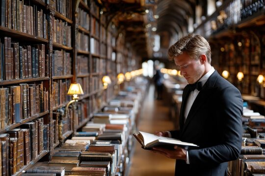 Man in formal attire reads a book in an ornate library filled with ancient volumes