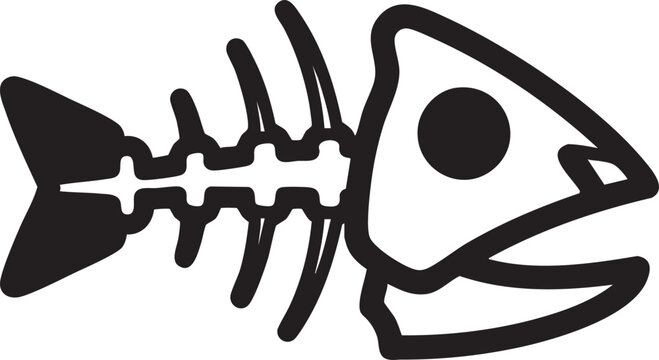 Graphic icon of a fish skeleton facing left with skeleton, minimalist