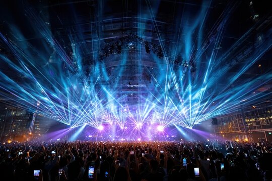 Energetic Crowd at a Live Music Concert with Laser Show